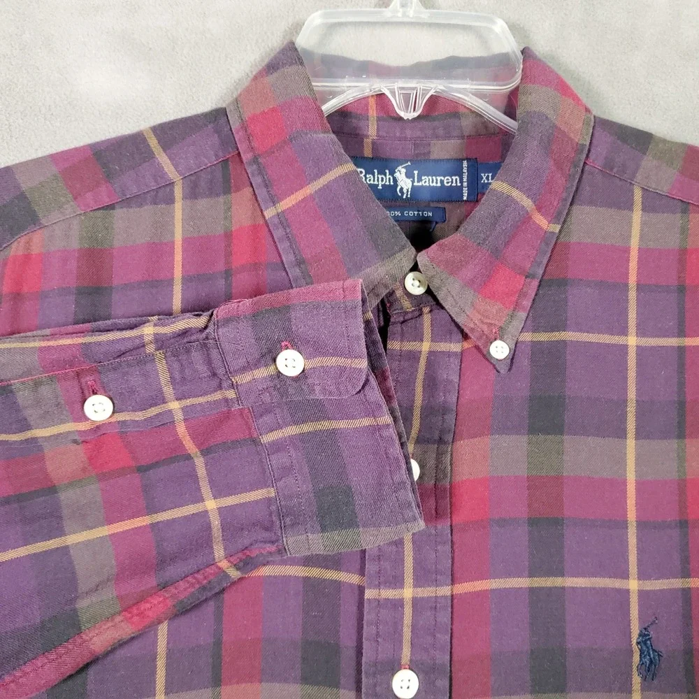 Ralph Lauren Shirt Mens XL Purple Red Plaid Button Long Sleeve Preppy Academia